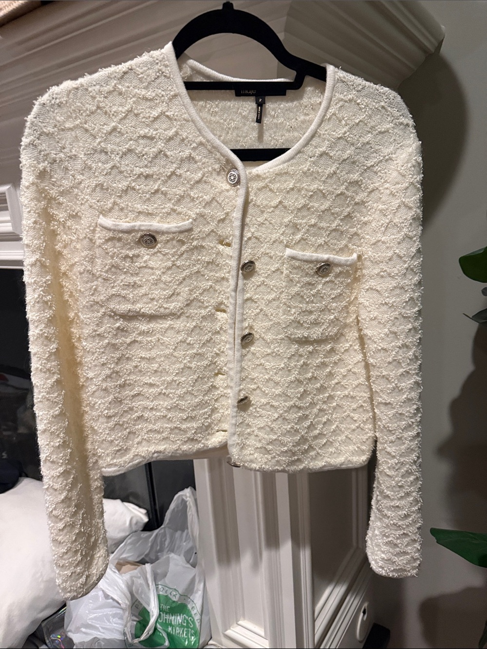Maje Cream Bouclé Cropped Round-Neck Jacket